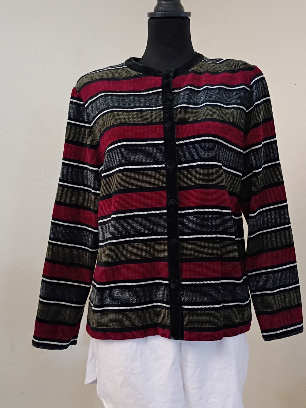 Vintage Alfred Dunner Striped Button-Front Cardigan - Black, Burgundy, Olive